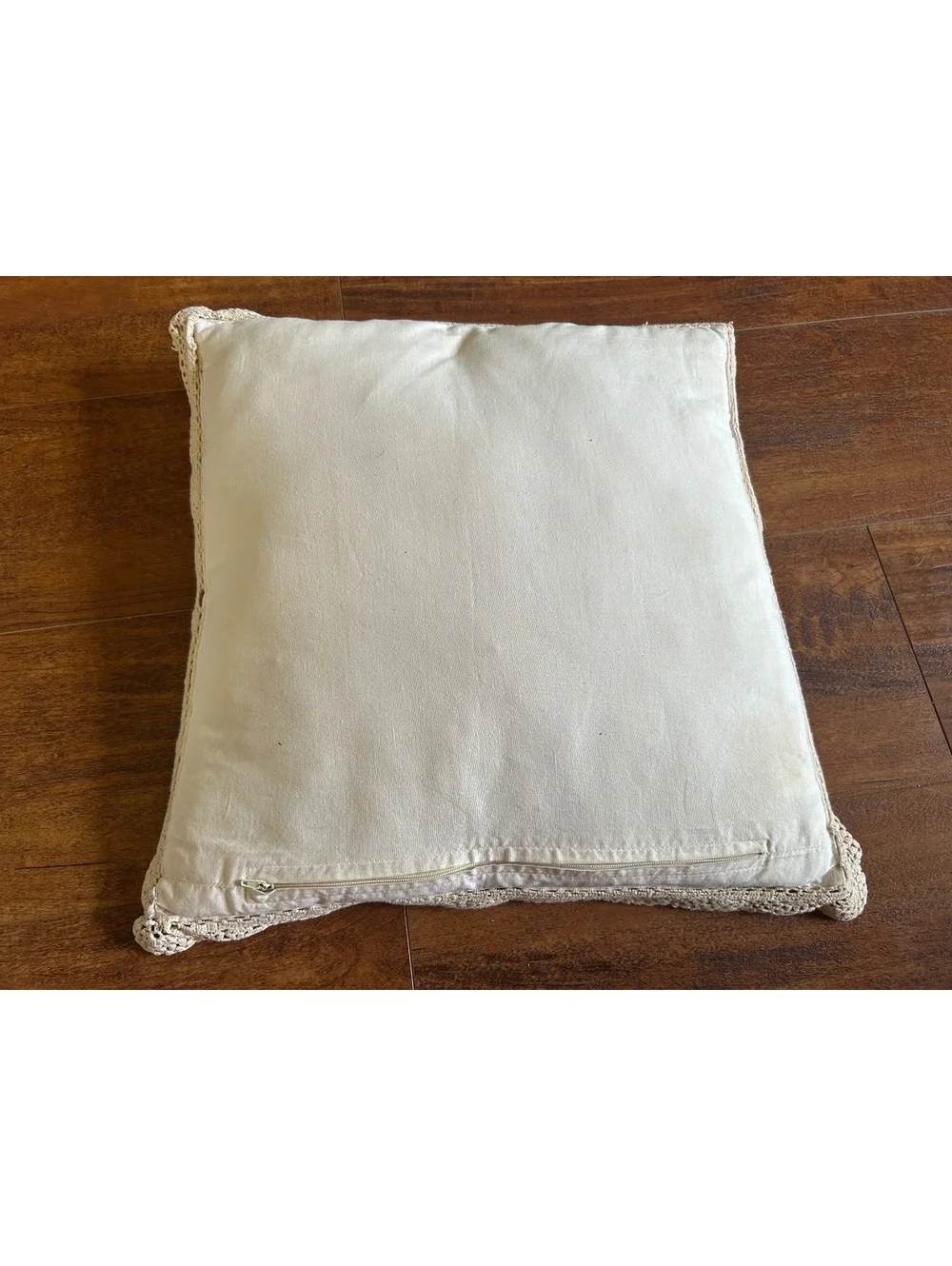 Vintage Embroidered Cream Decorative Pillow with Lace Trim